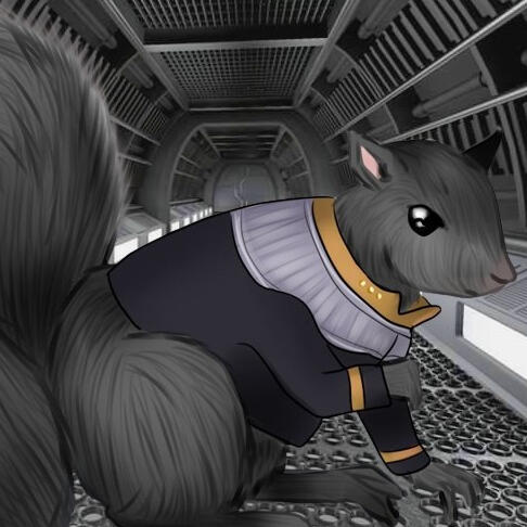 A grey squirrel wearing a DS9 era ops gold top.