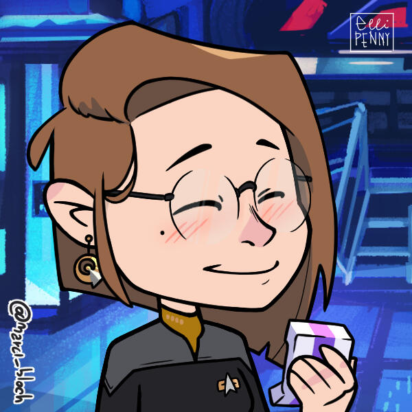 A smiling Starfleet engineer with short brown hair and glasses; she has her eyes closed and she's holding a tricorder with a pink stripe while she stands in main engineering.